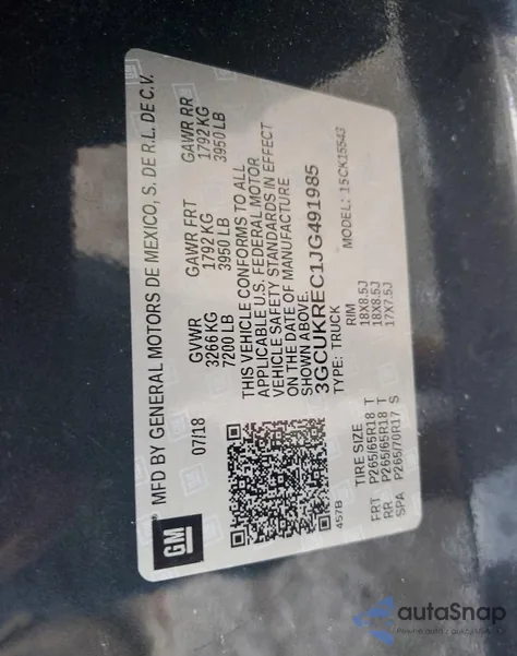 2018 Chevrolet Silverado K1500 Lt z USA, uszkodzony, nr VIN 3GCUKREC1JG491985